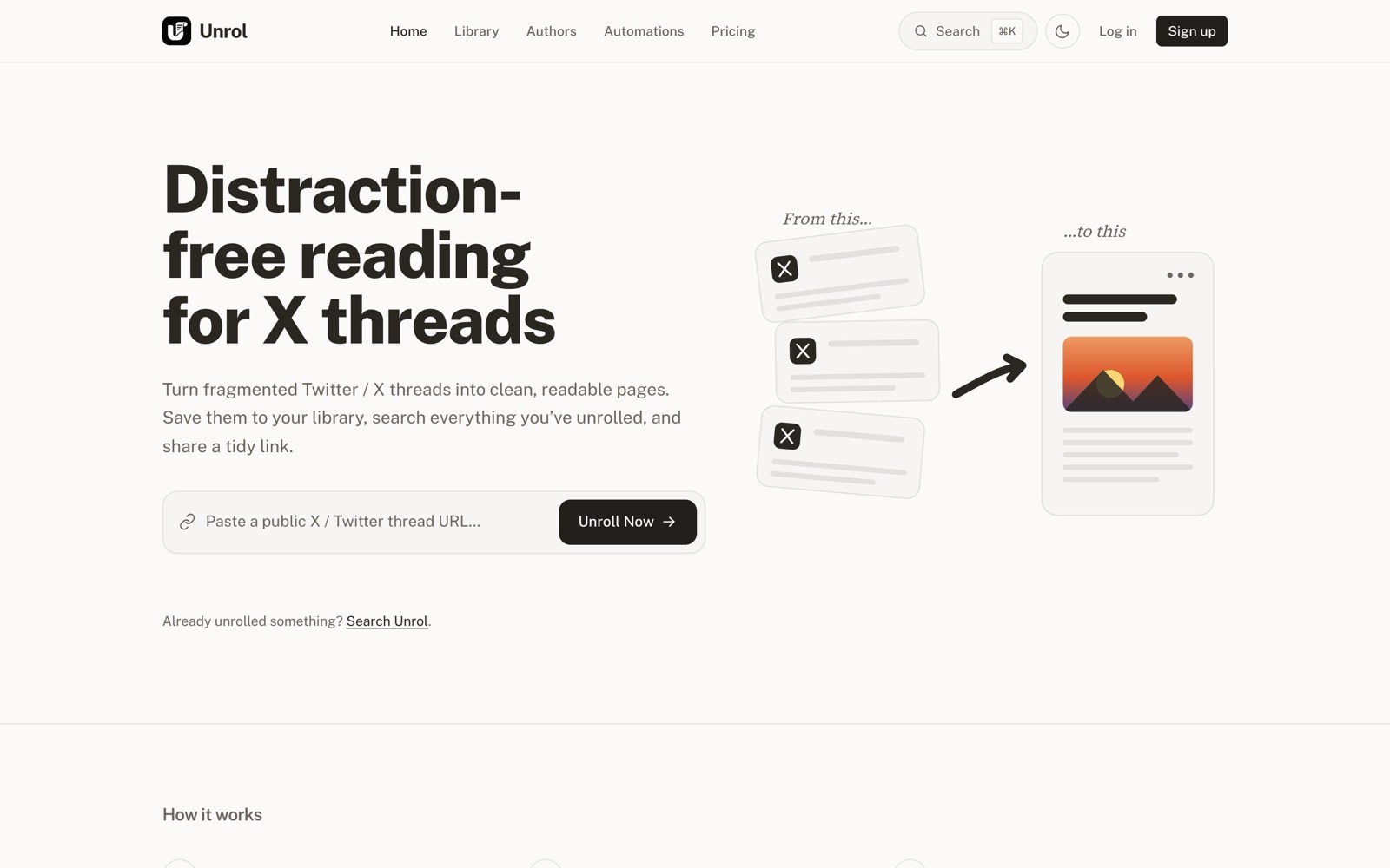 The unrol.app home page: a thread turned into a clean, readable article.