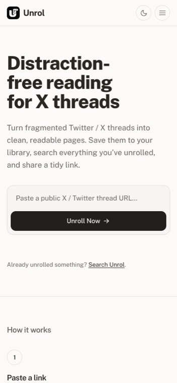 unrol.app on a phone, showing the same reader on a small screen.
